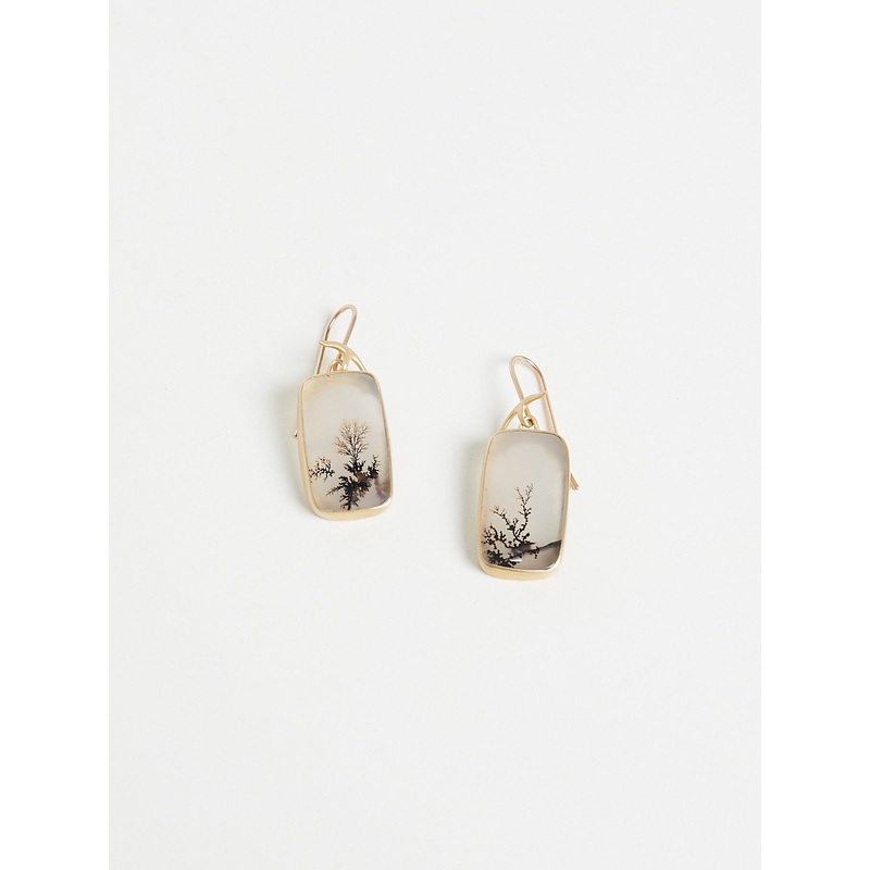 Long Cushion Dendritic Quartz Earrings in 18k Yellow Gold