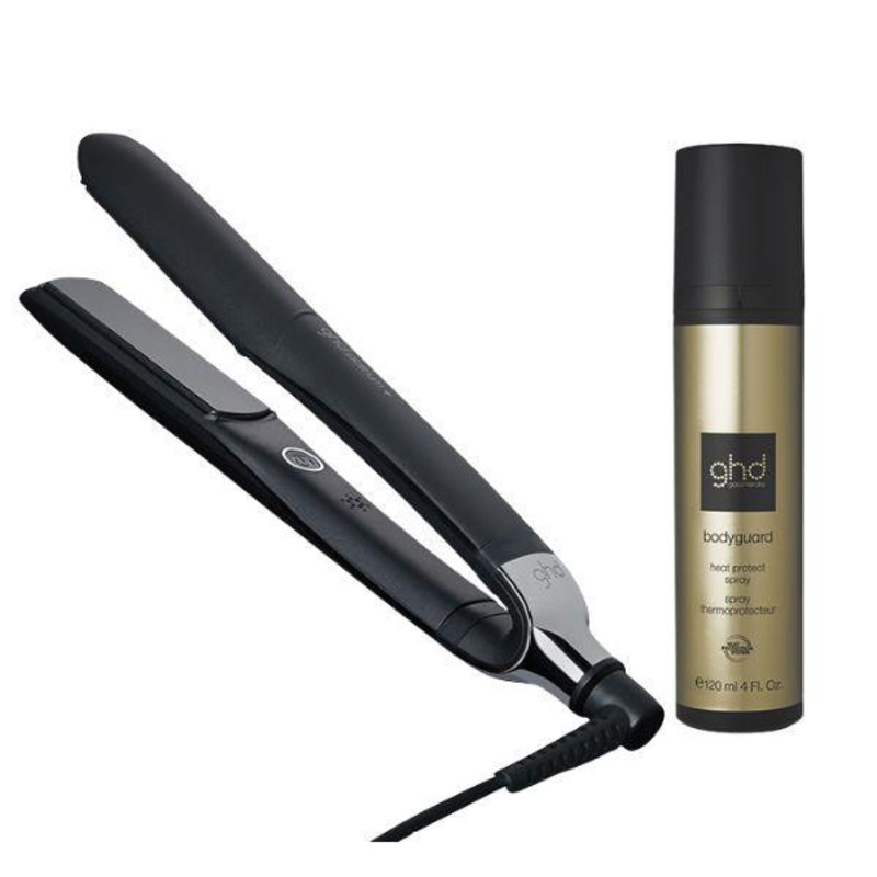 GHD — Platinum+ Hair Straightener – Black + Bodyguard – Heat Protect Spray 4oz Duo
