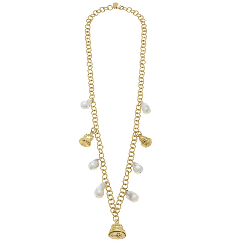 34″ Handcast Gold Cross Fobs & Genuine Freshwater Baroque Pearl Chain Necklace