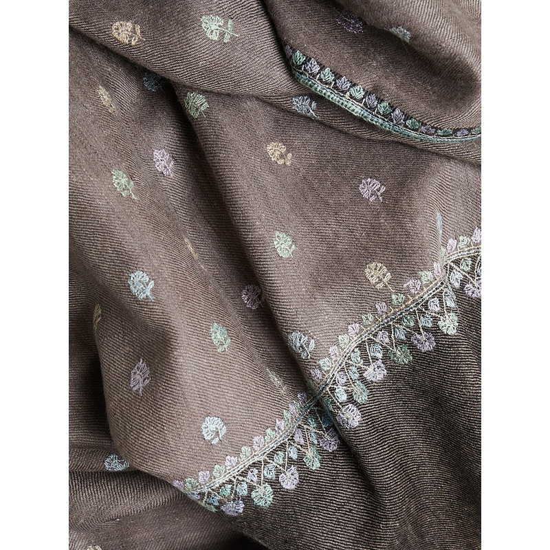 Embroidered Pashmina Shawl in Taupe and Dark Brown with Pastel Embroideries