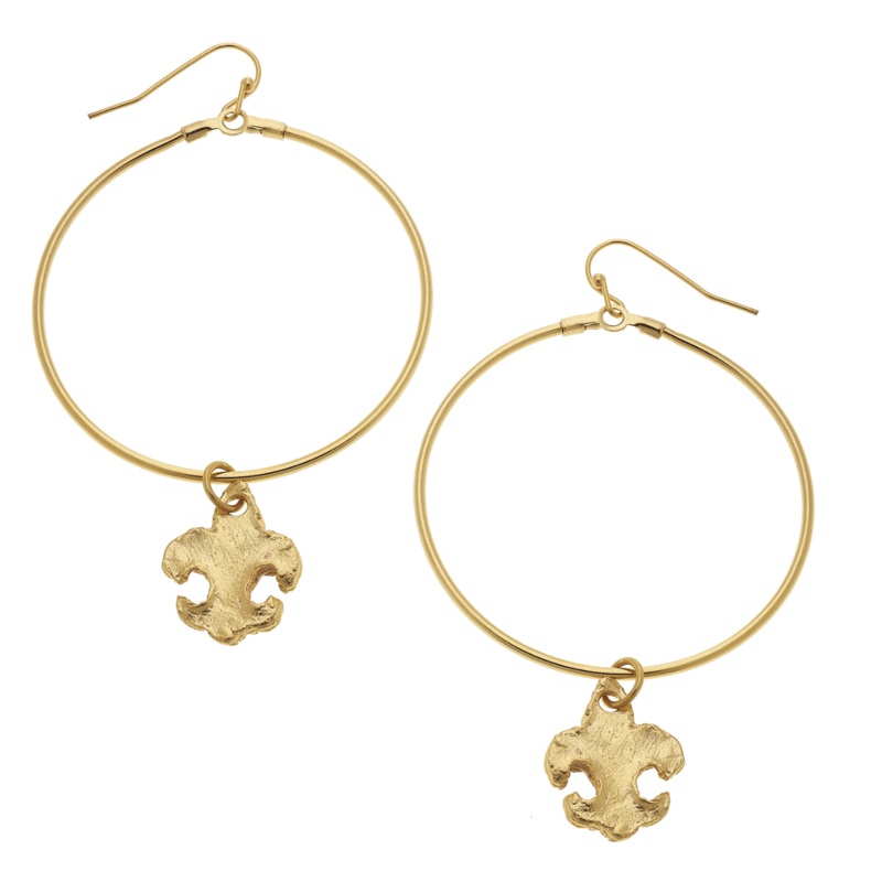 Handcast Gold Fleur & Round Hoop Earrings