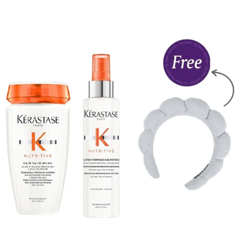 Kerastase Nutritive Bain Satin Riche High Nutrition Rich Shampoo For Very Dry Hair – 250ml &Lotion Thermique Sublimatrice 150ml + Head Band Gift