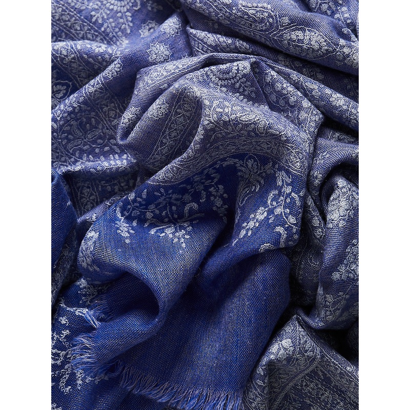 Embroidered Pashmina Shawl in Blue Chambray with White Embroideries