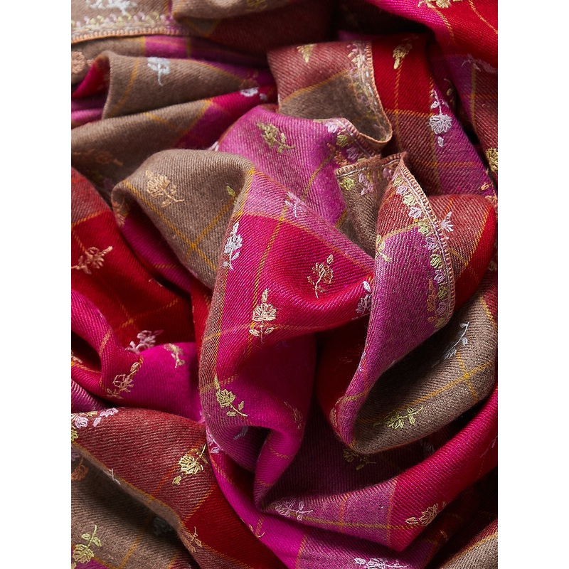 Embroidered Pashmina Shawl in Fuchsia/Red Check with Pastel Embroideries