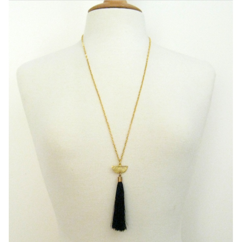 Gold Half Moon & Black Silk Tassel Necklace