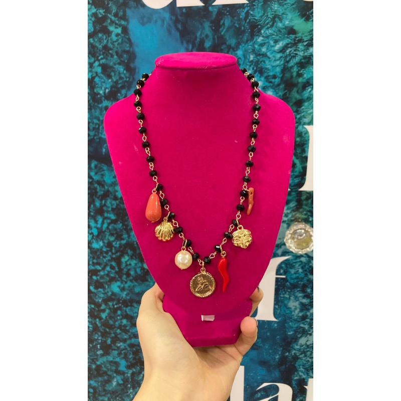 Black Beaded Necklace with Gold Charms