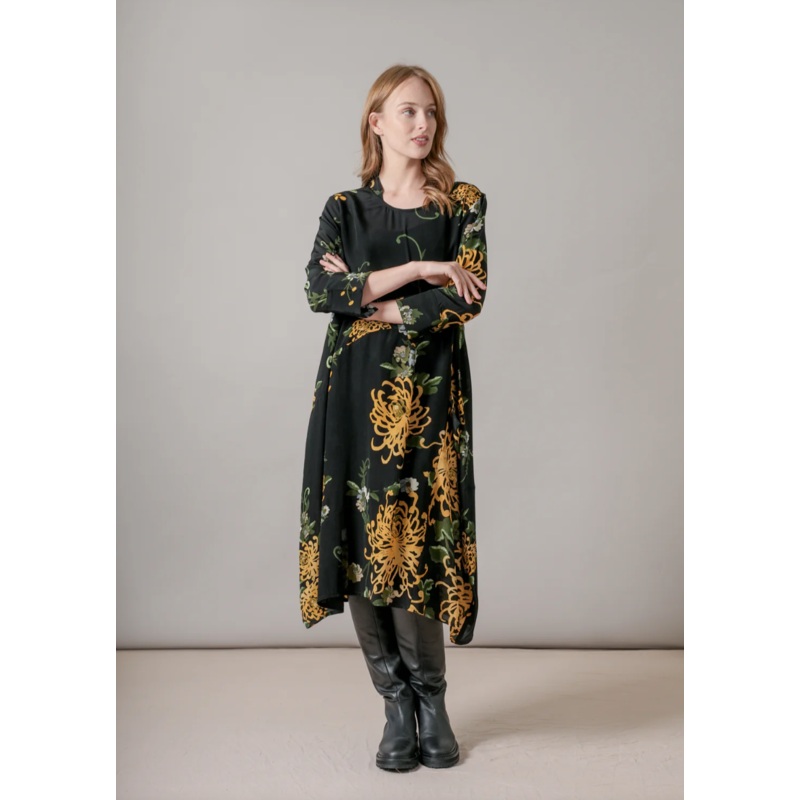 Chrysanthemum Black Asymmetric Dress