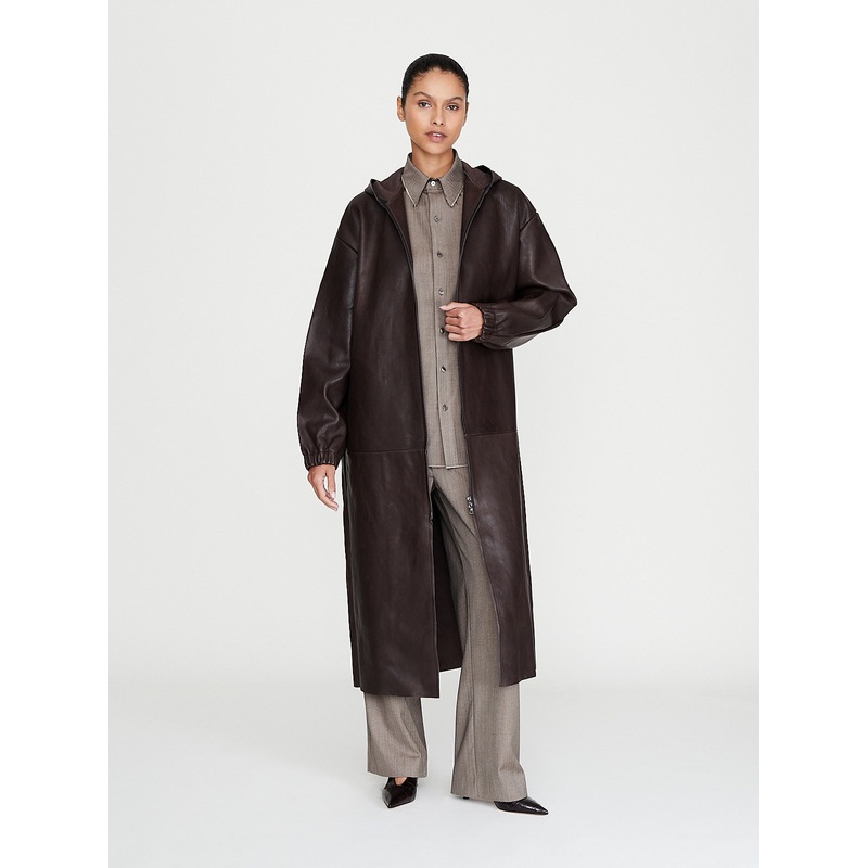 No. 275 Leather Hooded Zipper Coat in Brown