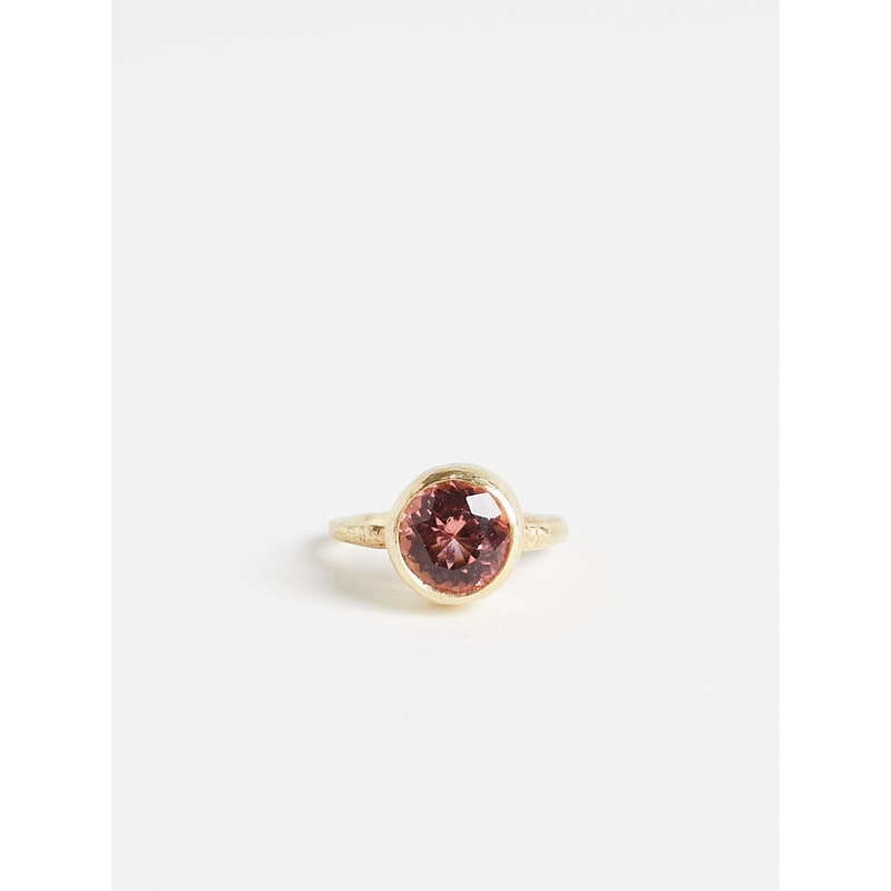 Organic Thin 18k Yellow Gold Band with Shoulder with Round 4ct Kenyan Pink Tourmaline Ring