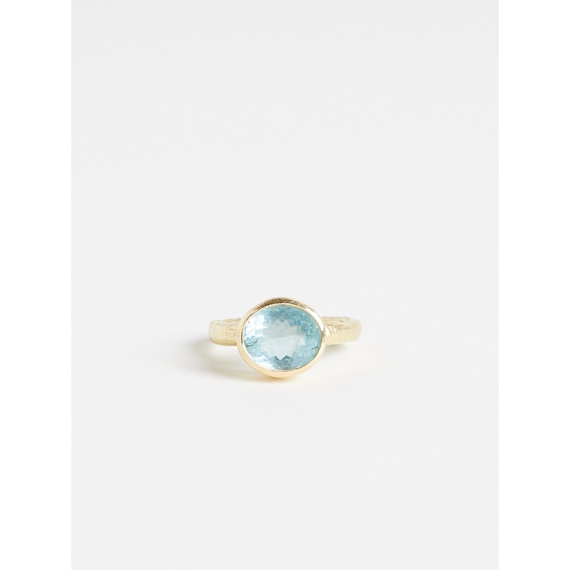 Organic 18k Yellow Gold Band Ring with Oval 6ct Aquamarine