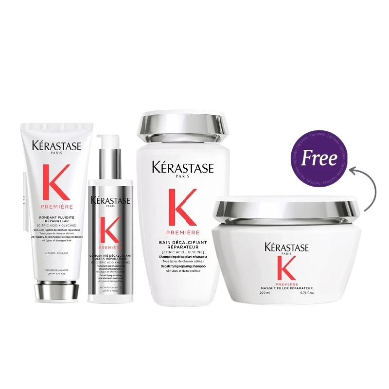Kerastase Paris Premiere Fondant Fluidite Reparateur 200ml & Shampoo 250ml & Concontr Dcalcificant Ultra-Rparateur 250ml +  Masque Filler Reparateur 200ml Free