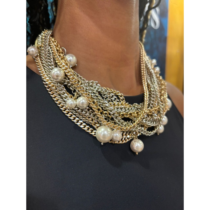 Mixed Metal Layered Necklace with Pearls ( Long + Short)