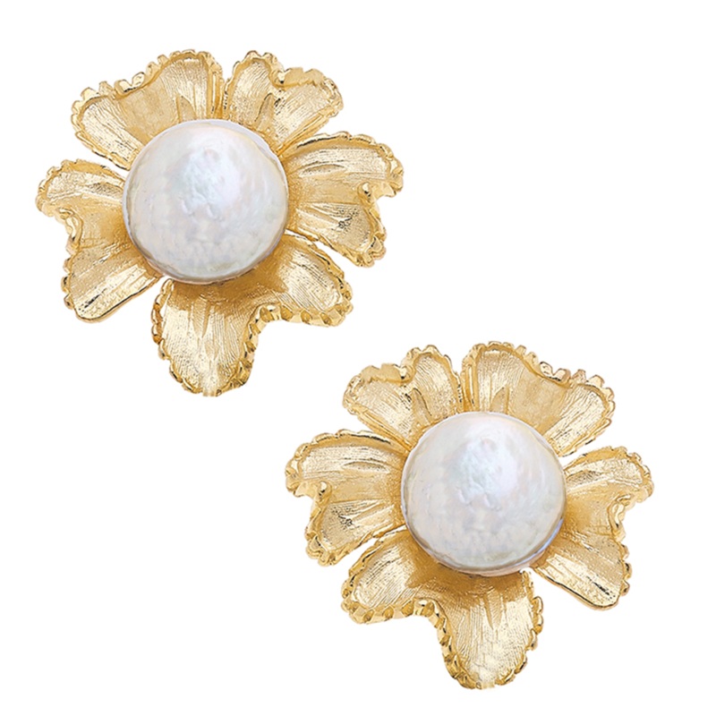 Handcast Gold Flower & Pearl Earrings
