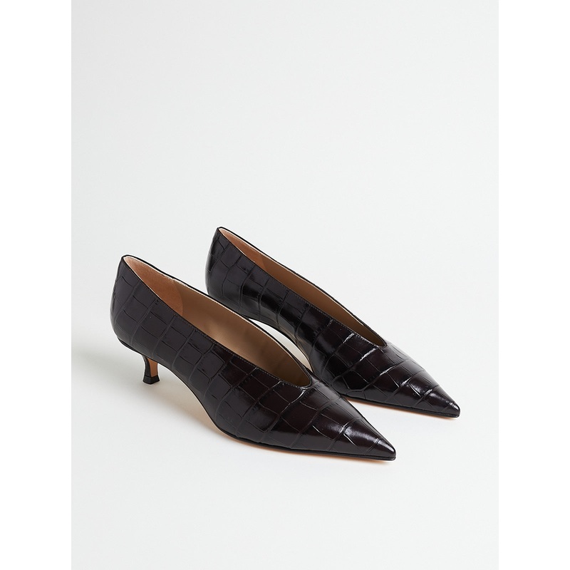 Babouche Kitten Heel in Brown Croc Effect Leather