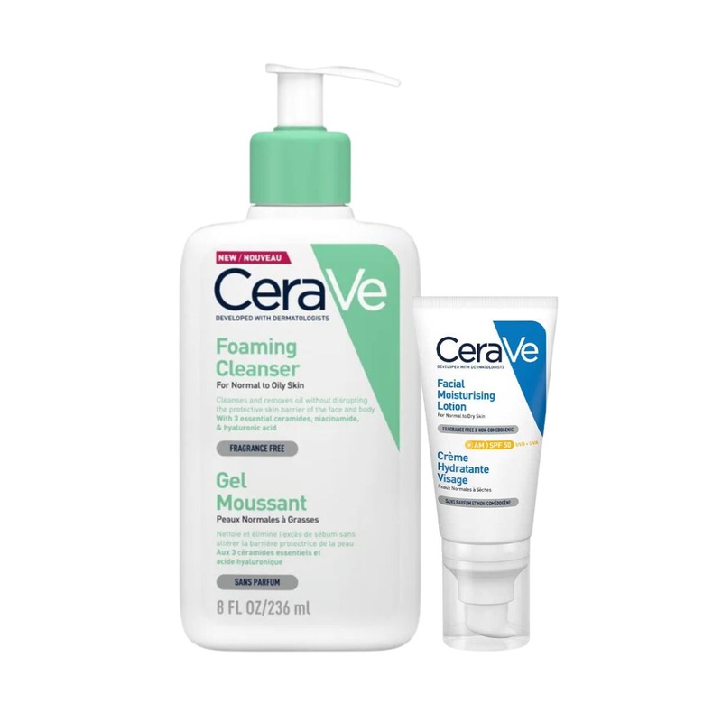 CeraVe Morning Cleanse & Protect Duo for Oily Skin, Cleanser with Niacinamide & Moisturiser with SPF50 and Hyaluronic Acid
