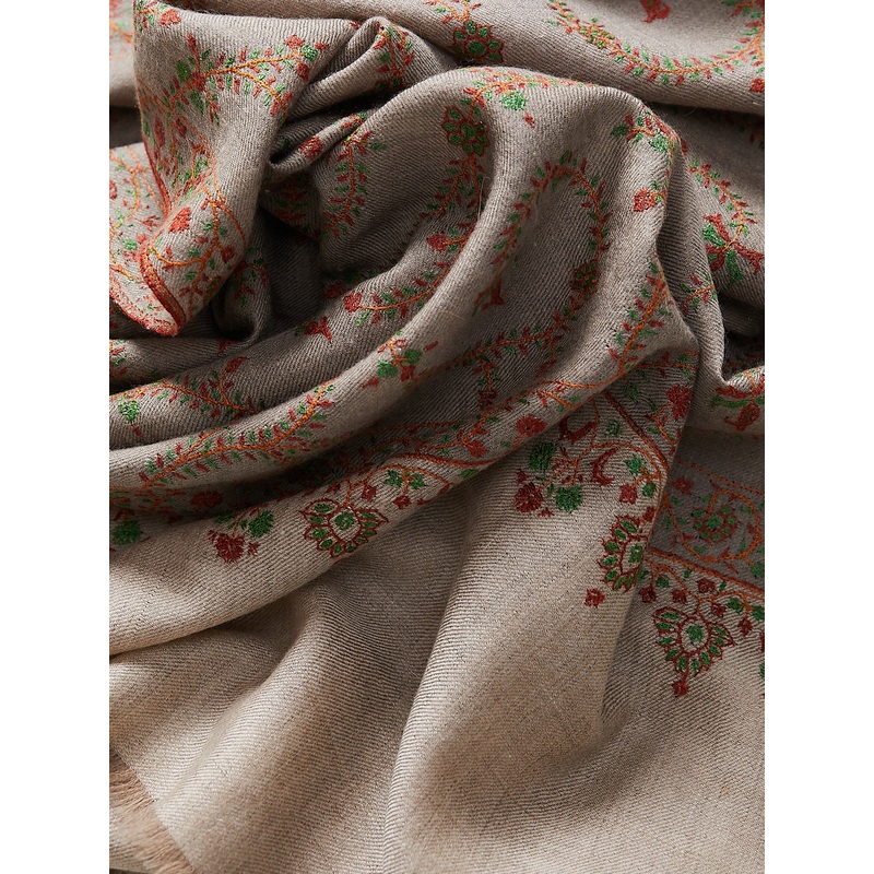 Embroidered Pashmina Shawl in Taupe and Sand with Orange and Green Embroideries