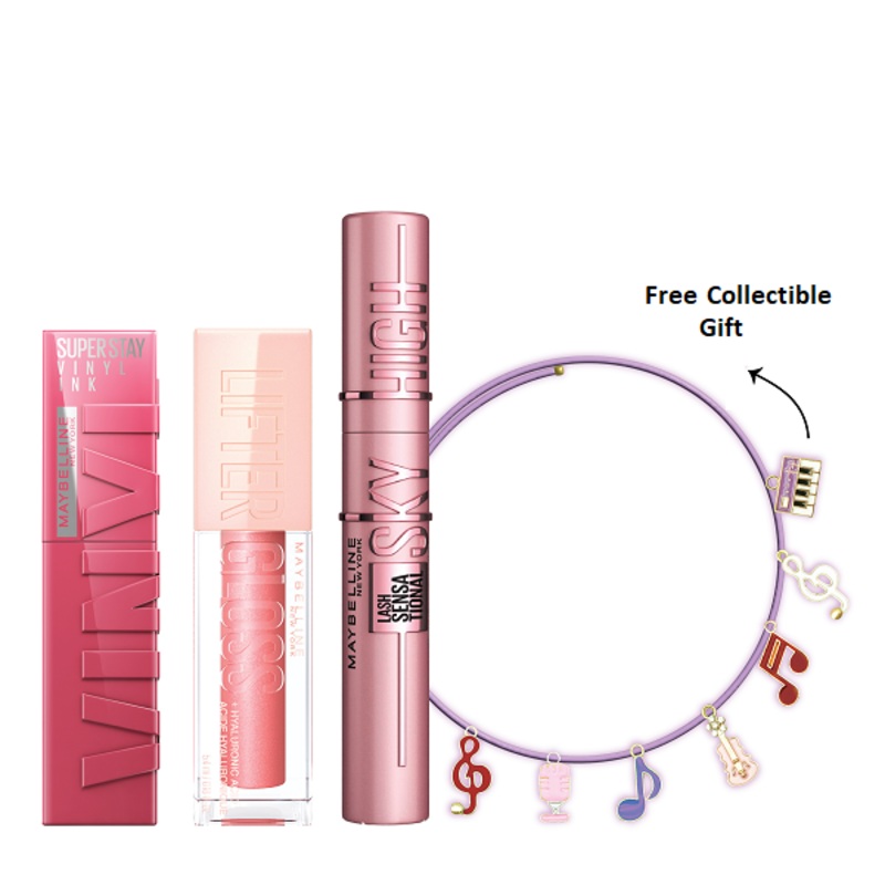 Maybelline – Lash Sensational Sky High Mascara, Super Stay Vinyl Ink Lipstick & Lifter Gloss Bundle