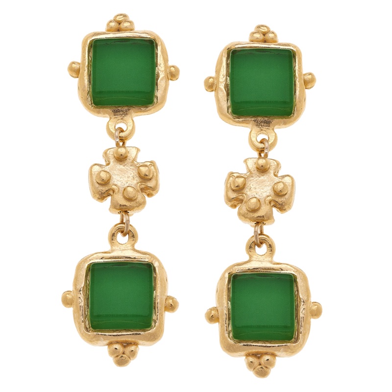 Handcast gold earrings with emerald colored French glass and cross bead design