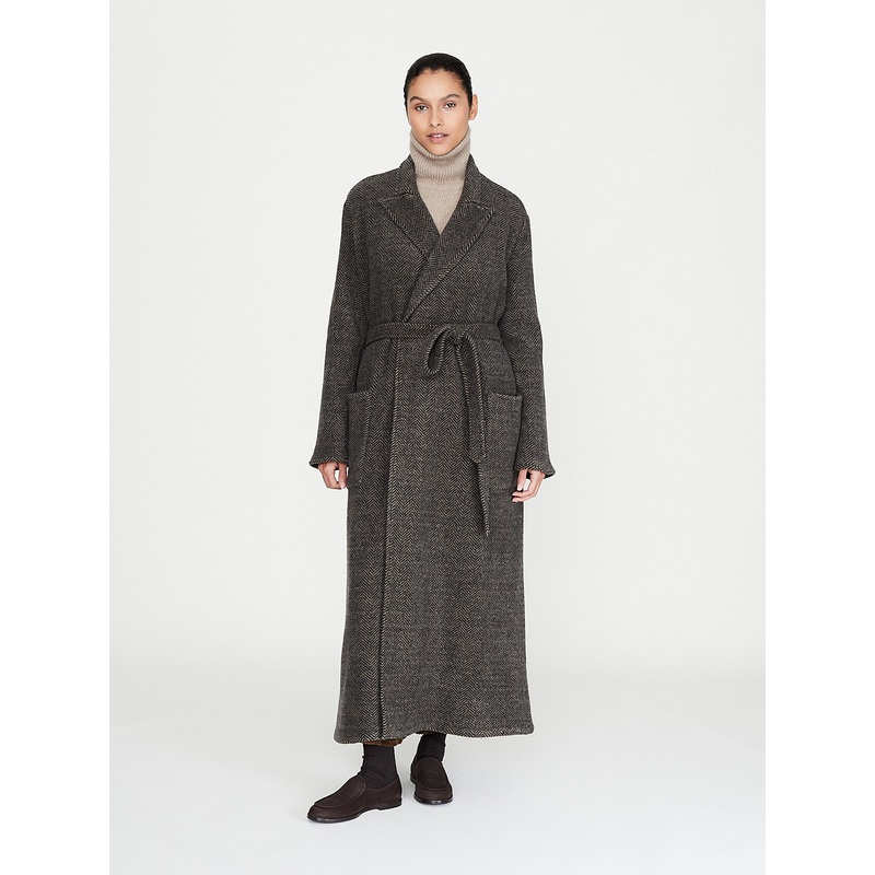 Cashmere Jersey Long Coat with Patch Pocket in Herringbone Brown