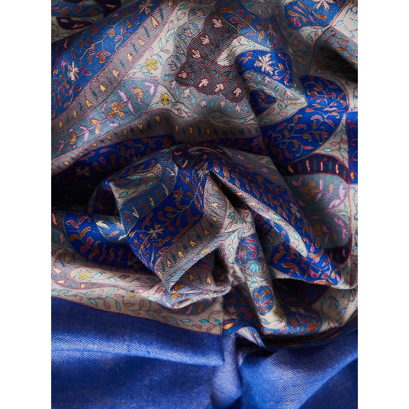 Embroidered Pashmina Shawl in Blue/Cream with Multicolour Embroideries