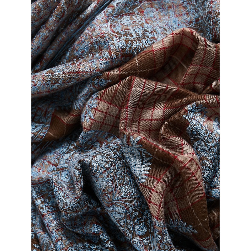 XL Embroidered Pashmina Shawl in Brown/Natural/Red Checks with Light Blue Embroideries