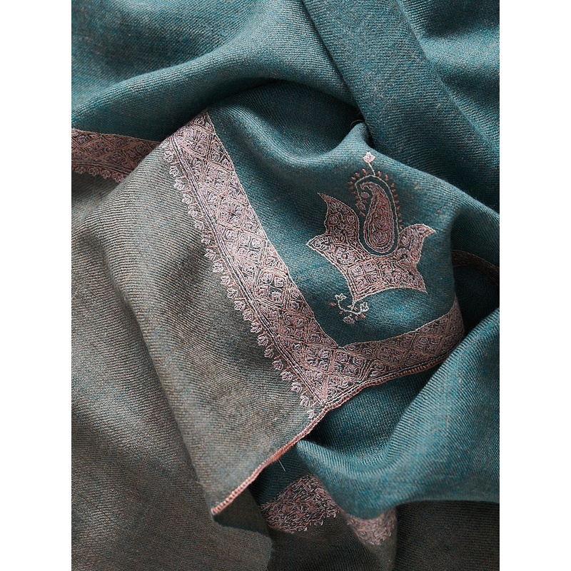 Embroidered Pashmina Shawl in Sage/Moss with Watermelon Paisley Embroideries