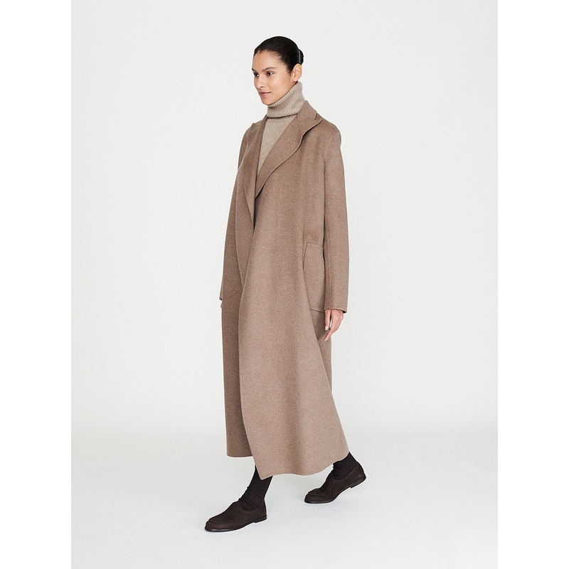 Double Face Cashmere Long Coat with Patch Pocket in Driftwood