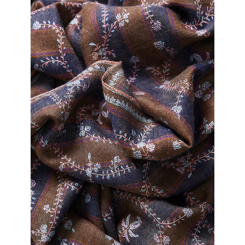 Embroidered Pashmina Shawl in Denim/Brown, Purple Stripe with Salmon Embroideries