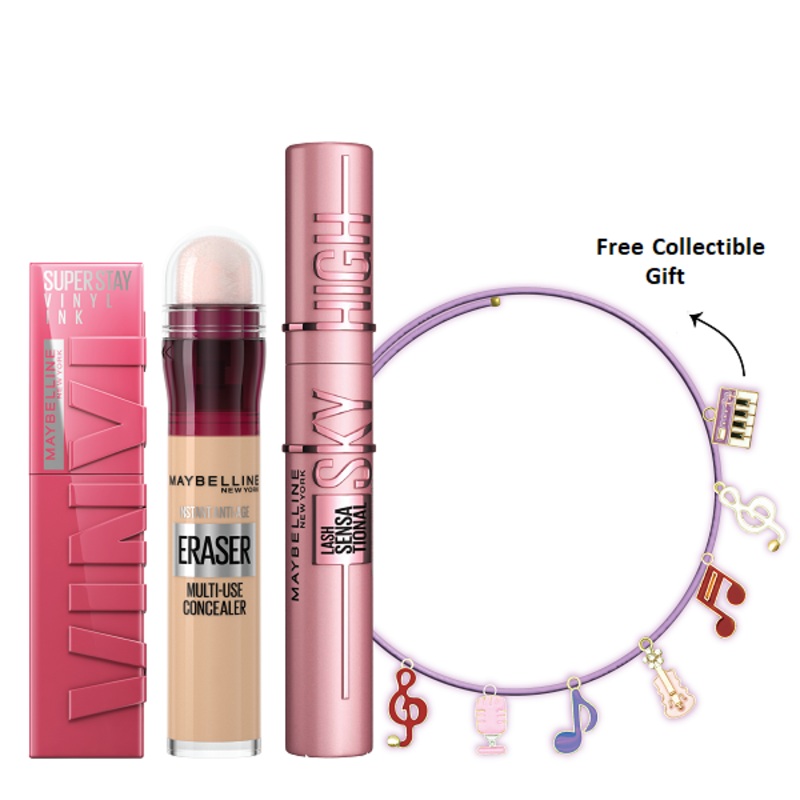 Maybelline – Lash Sensational Sky High Mascara, Instant Age Earser & Super Stay Vinyl Ink Lipstick Bundle