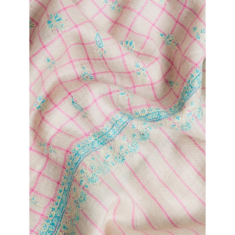 Embroidered Pashmina Shawl in Pink Check, Off-White and Veraman