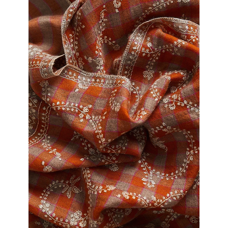 Embroidered Pashmina Shawl in Burnt Orange/Taupe, Fuchsia Check with Pale Green Embroideries