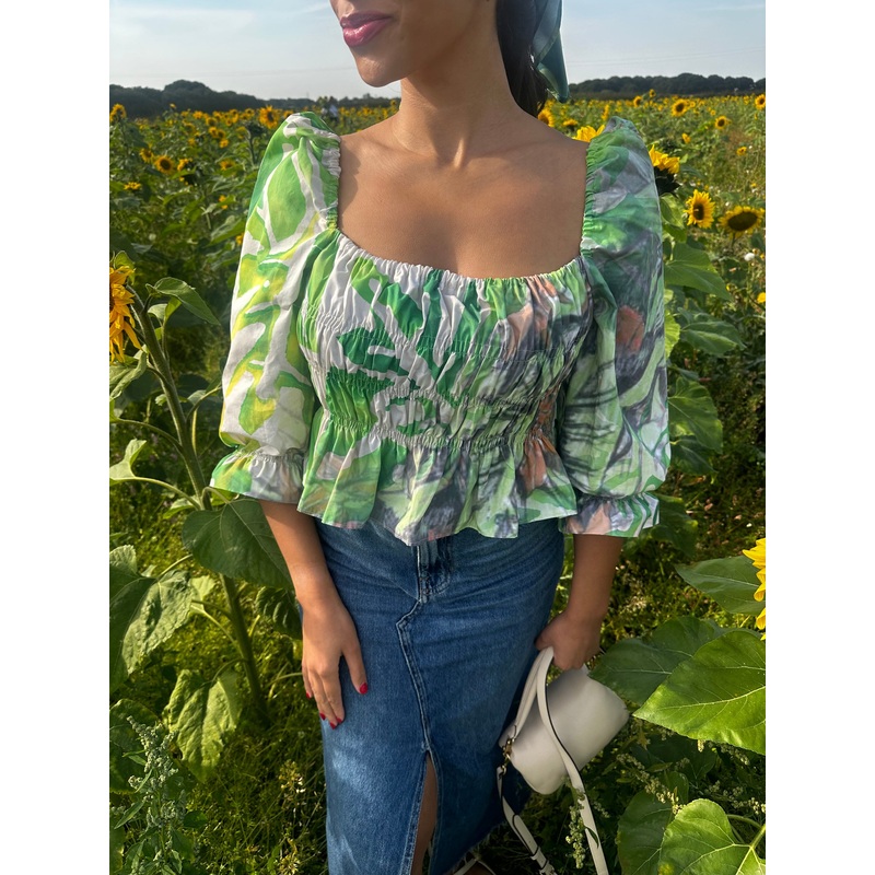 Long Sleeve Palm Print Shirred Top