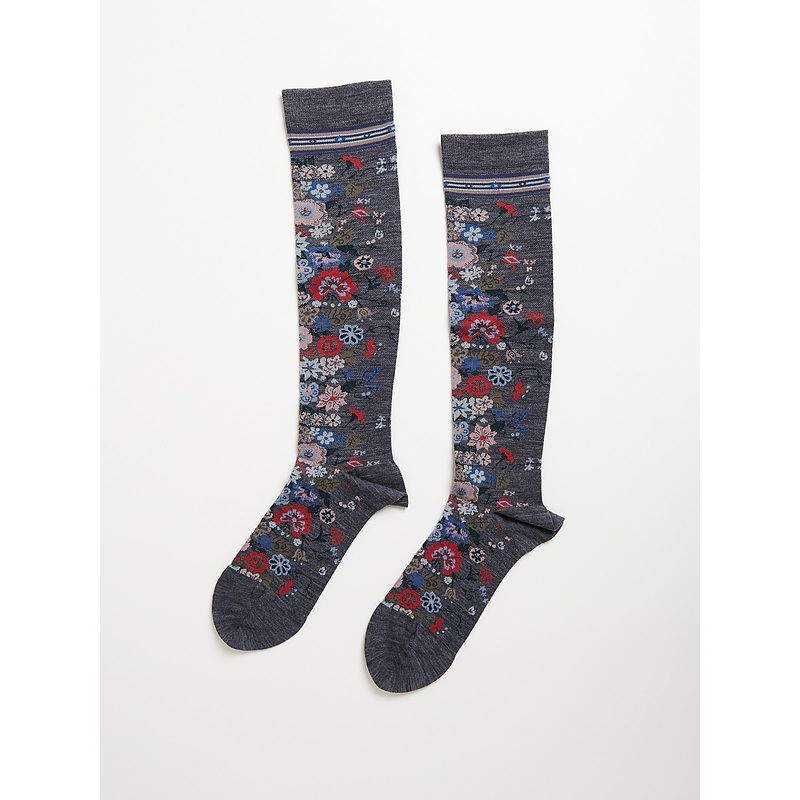 Happy Flower High Socks in Grey