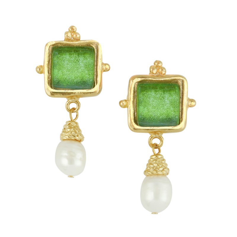 Handast 24Kt Gold & French Glass Earring with Genuine Freshwater Pearl Drop