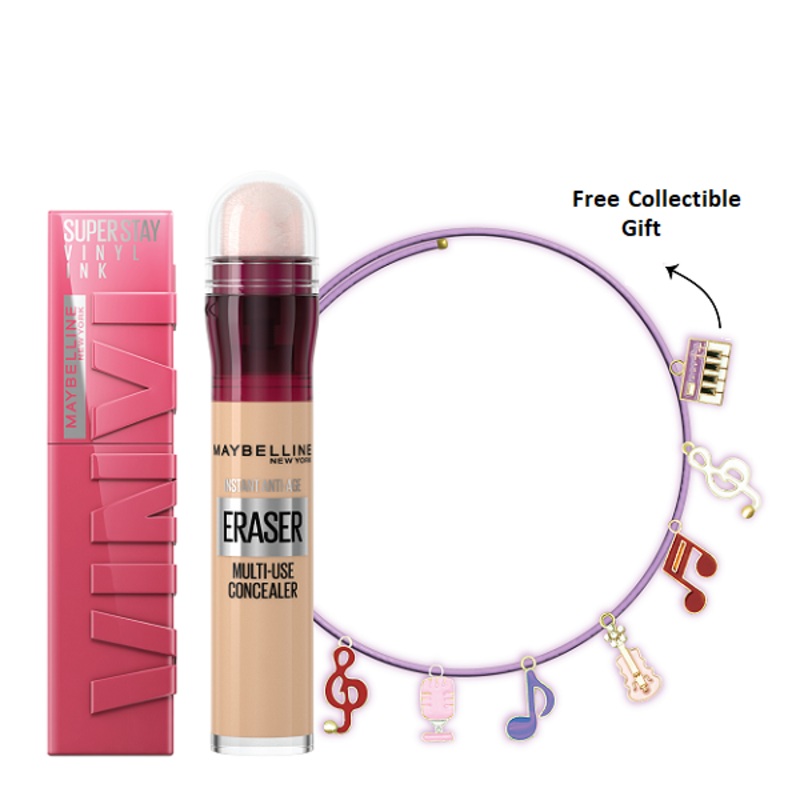 Maybelline – Instant Rewind Eraser Concealer & Superstay Vinyl Ink Lipstick Bundle