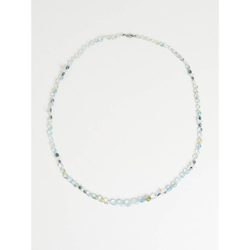 Oval Aquamarine and Prenite Bead Necklace with Oxidised 9k White Gold Clasp