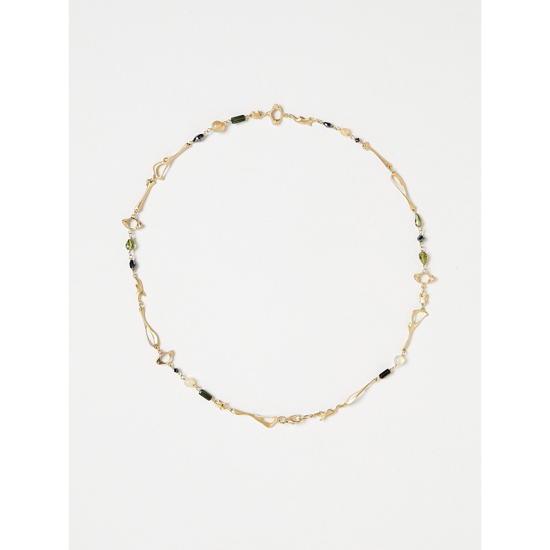 16″ Mouse Bone Necklace in 18k Yellow Gold with Tourmalines, Opals and Black Diamonds