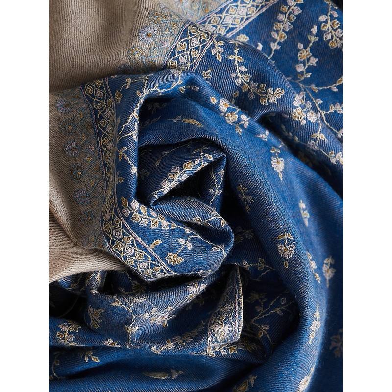Embroidered Pashmina Shawl in Denim and Sand with Mustard Embroideries