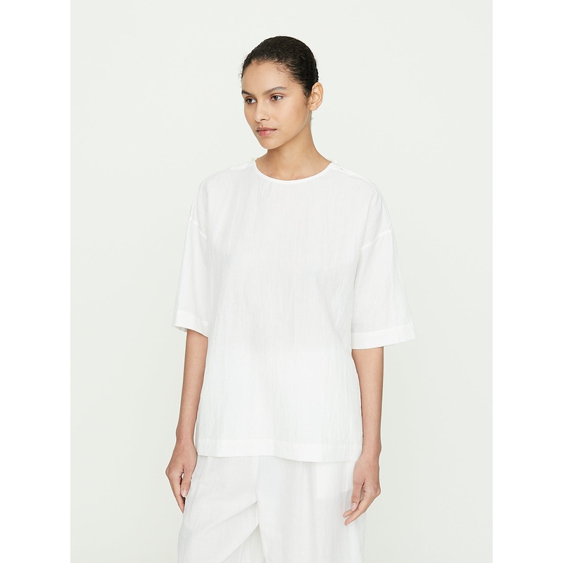 Shoulder Button Woven Tee in Off White