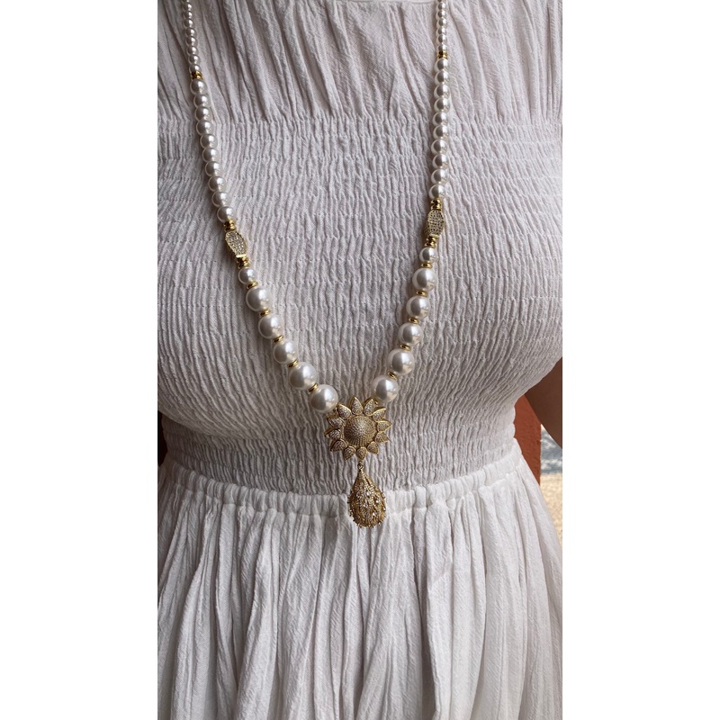 Long Pearl Necklace with Sunflower Accent