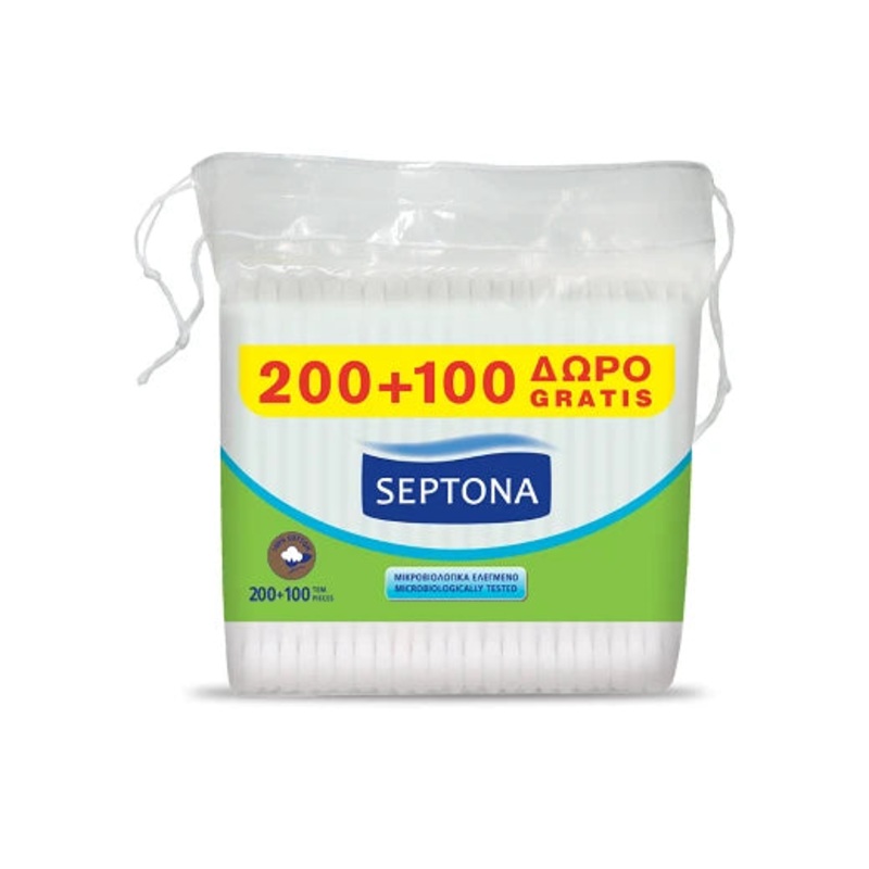 Septona Cotton Buds Plastic Bag With String 200 + 100 Pcs As Gift
