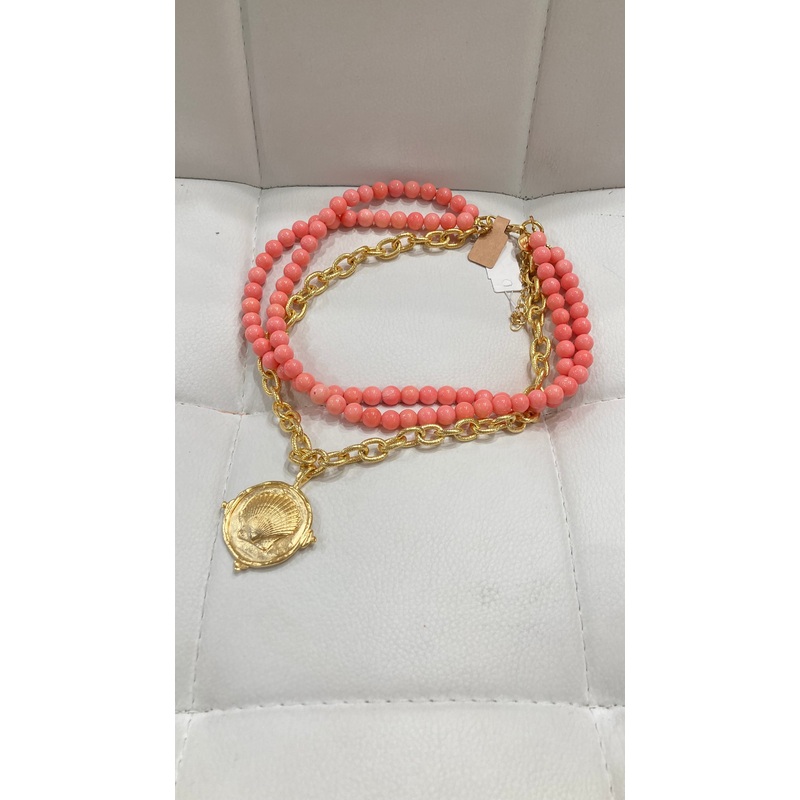 Handcast Gold Seashell and Coral Necklace