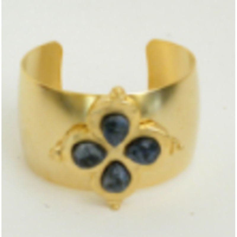 Handcast Gold Clover with Genuine Smokey Grey Quartz Stone Cuff Bracelet