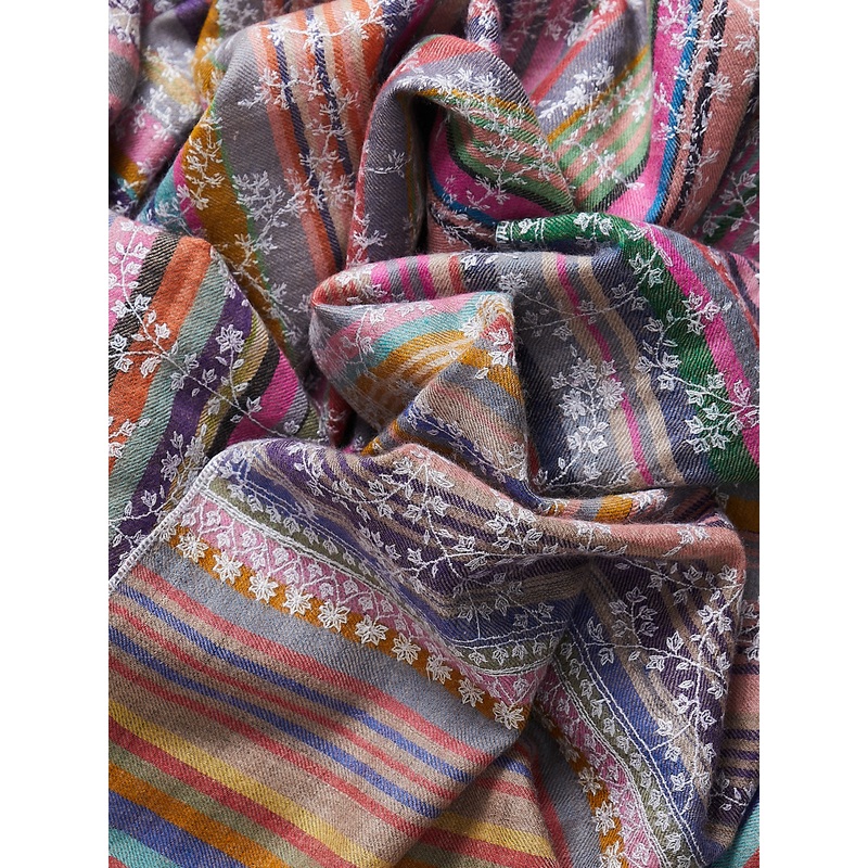 Embroidered Pashmina Shawl in Stripe Rainbow with Frost Embroideries
