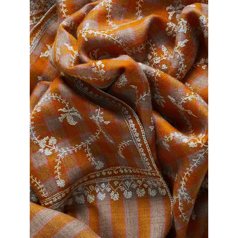 Embroidered Pashmina Shawl in Turmeric/Taupe, Fuchsia Check with Mint Embroideries