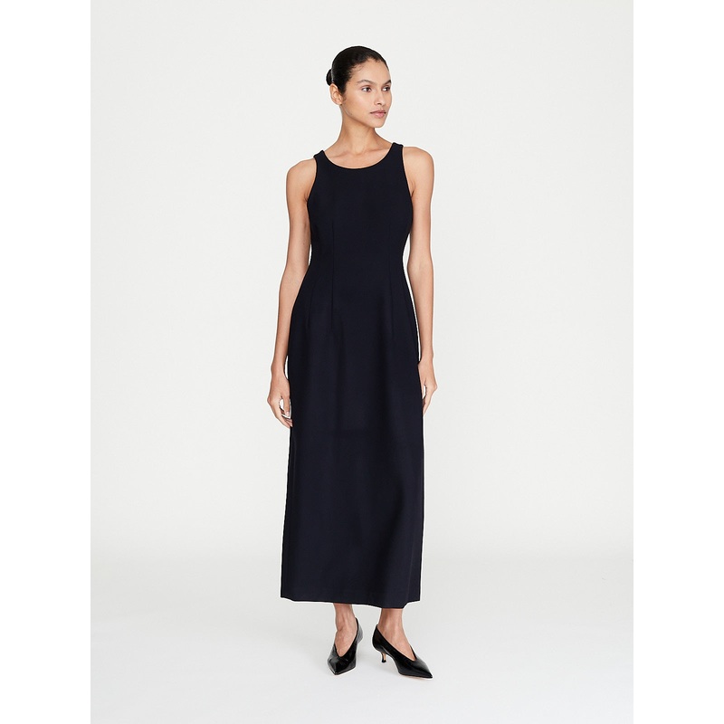 Tense Wool Double Cloth Sleeveless Dress in Dark Navy
