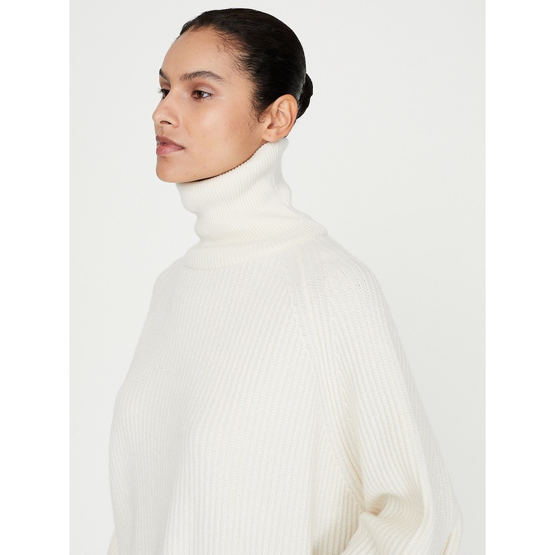 T-Neck Ribbed Raglan Sweater in Bone