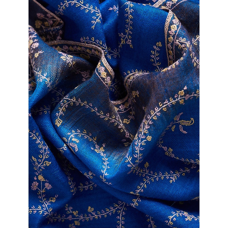 Embroidered Pashmina Shawl in Denim/Azure Degrades with Pink Embroideries