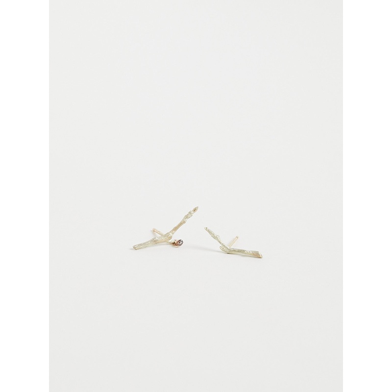 Branch Post Earrings in 14k Yellow Gold with Diamond Drop