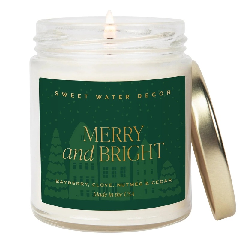 Sojawachskerze “MERRY and BRIGHT” mit goldenem Deckel | Sweet Water Decor (Herbst-/ Winterdesign)